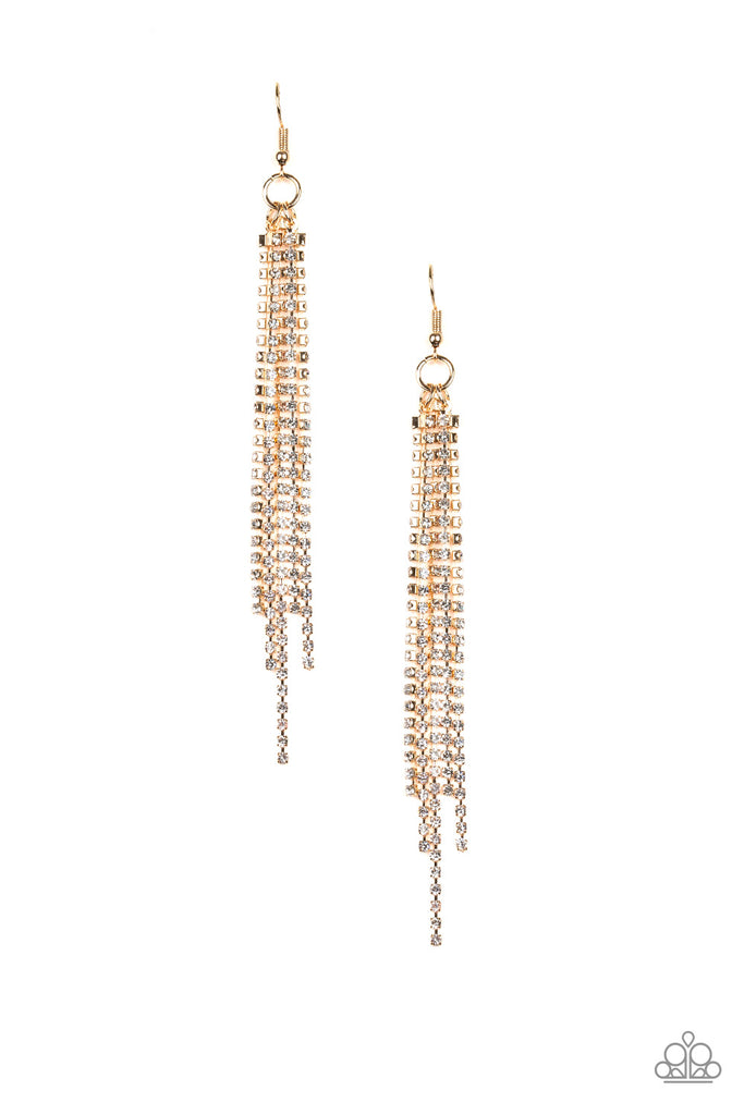 center stage status gold, paparazzi accessories, gold earrings, daingly earrings